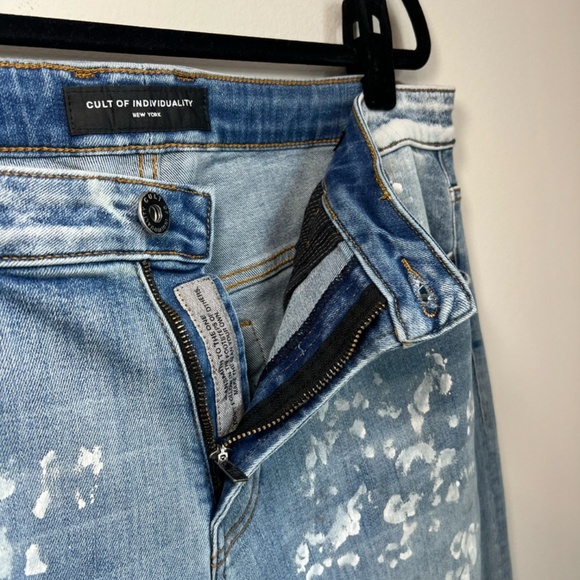 Cult of Individuality Men's Rocker Slim Fit Jeans Blue Paint Splatter Punk 34x33 - Picture 6 of 16